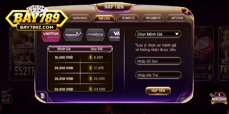 Nhập mã và số seri card điện thoại để gửi tiền tài khoản BAY789